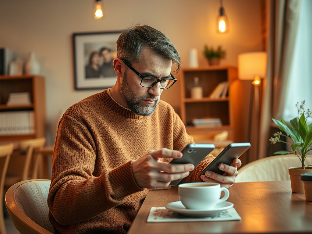 Мужчина в свитере сидит за столом и смотрит на два телефона рядом с чашкой кофе. Тёплая атмосфера.