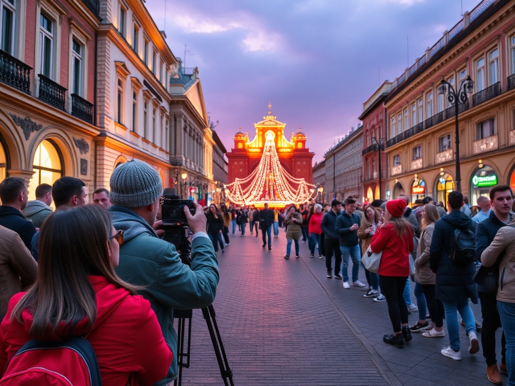 На улице с праздничным освещением, люди стоят в очереди, некоторые фотографируют городские огни.
