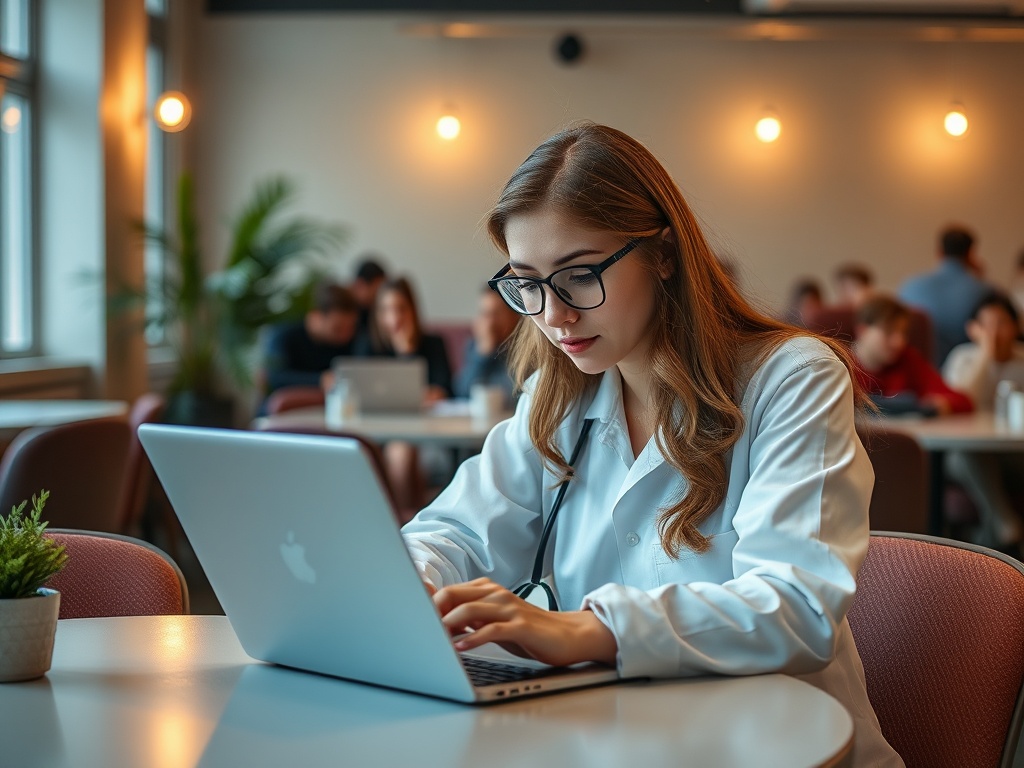 Студентка в лабораторном халате работает за ноутбуком в учебном заведении. На заднем плане одногруппники.