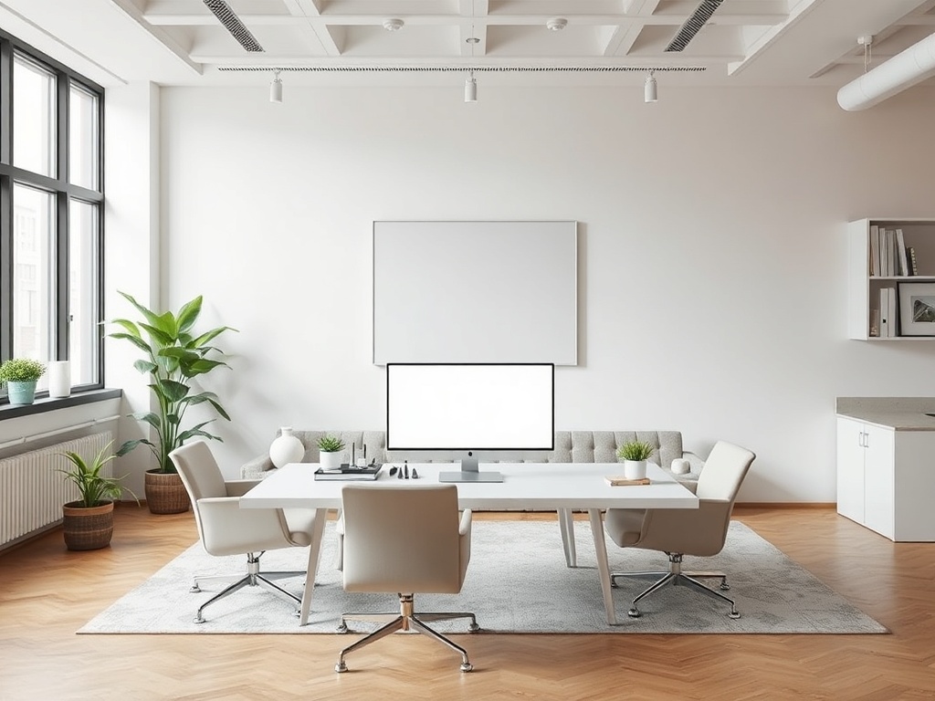 Современный офис с белым столом, креслами, большим монитором и растениями возле окна. Стены светлые и минималистичные.