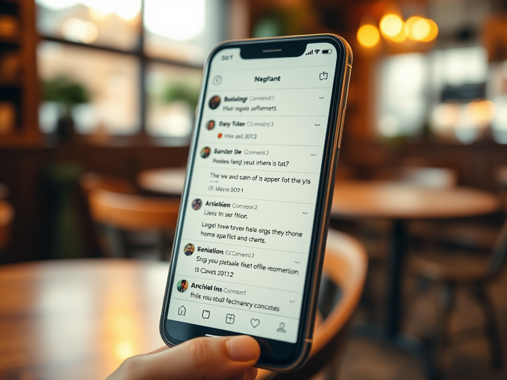 Смартфон с экраном комментариев в приложении, на фоне уютного кафе с размытыми столами.