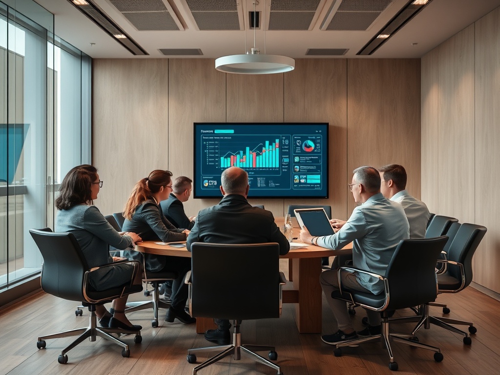 Встреча в конференц-зале с представлением данных на экране. Участники обсуждают бизнес-стратегию.