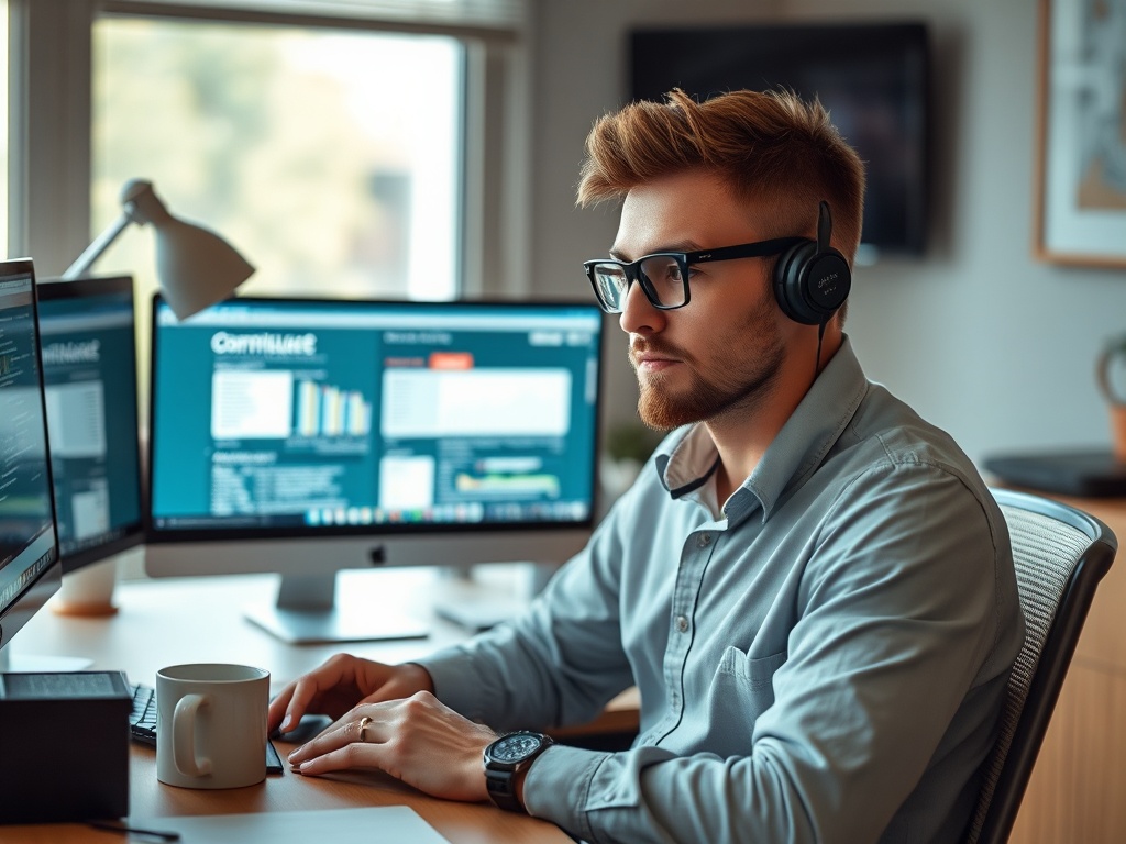 Молодой человек в наушниках работает за компьютером в современном офисе, сосредоточенно глядя на экраны.