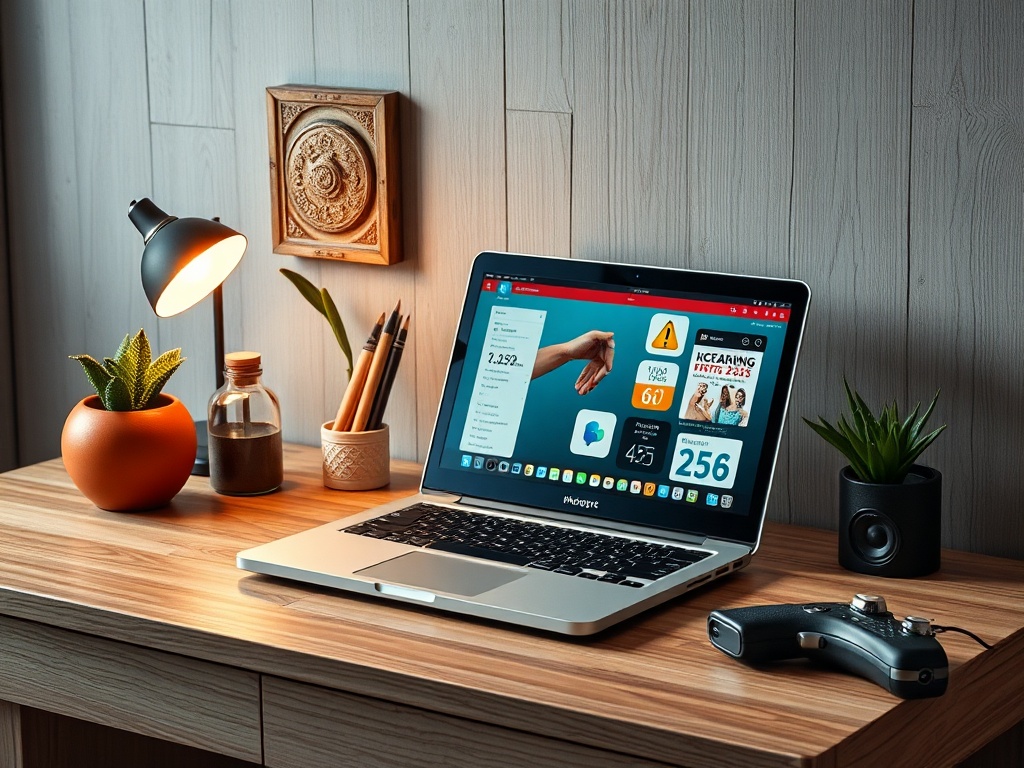 Рабочий стол с ноутбуком, настольной лампой, растениями и аксессуарами. Интерьер в современном стиле.